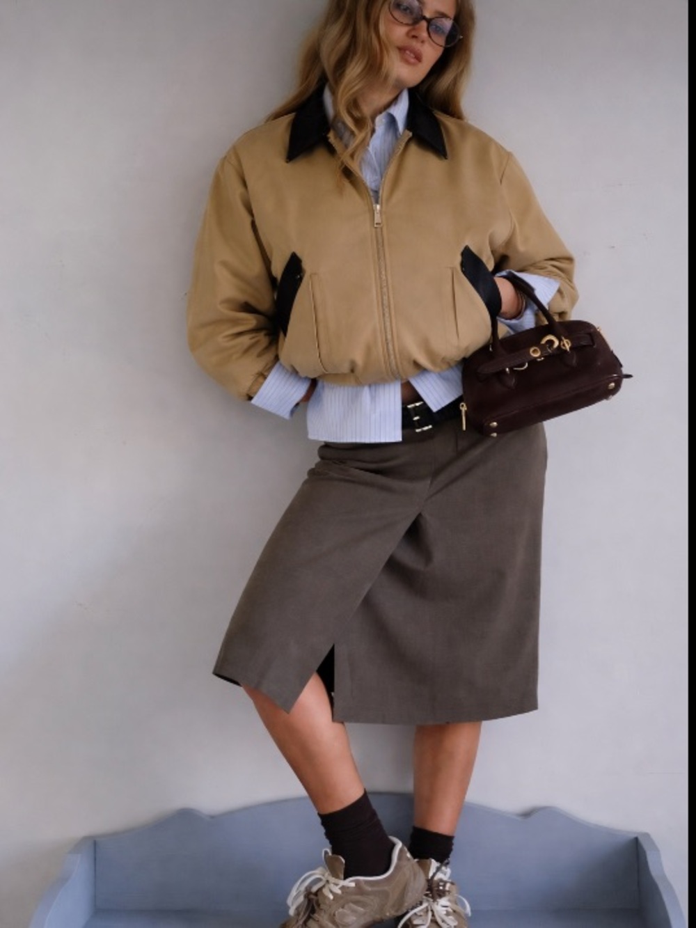 EUC Tan Bomber Jacket with Black Trim - Women's Jacket, Size M